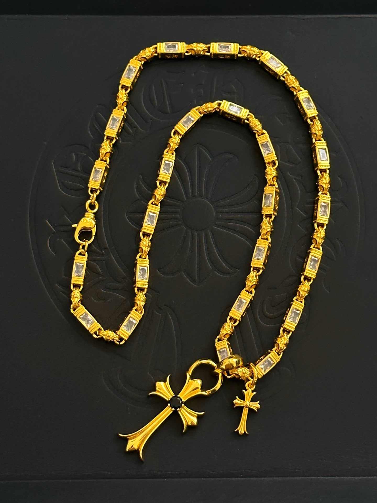 Chrome Hearts Gold Tone Crystal Cross Pendant Necklace